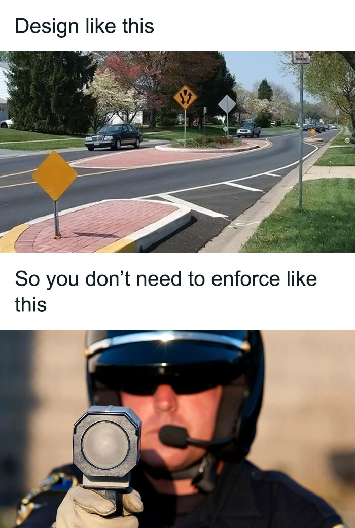 A roundabout with traffic signs and a police officer holding a radar gun, illustrating classic urban planning humor.