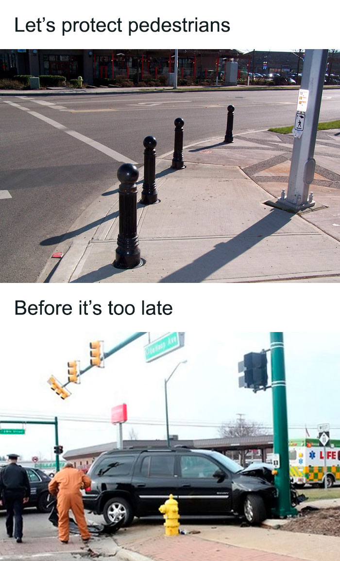 Urban planning memes depict pedestrian protection bollards and a car accident at an intersection.