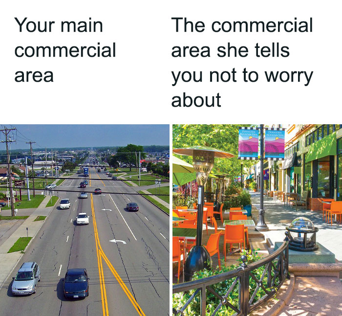 "Classic urban planning meme contrasts a basic commercial street with a vibrant, pedestrian-friendly area."