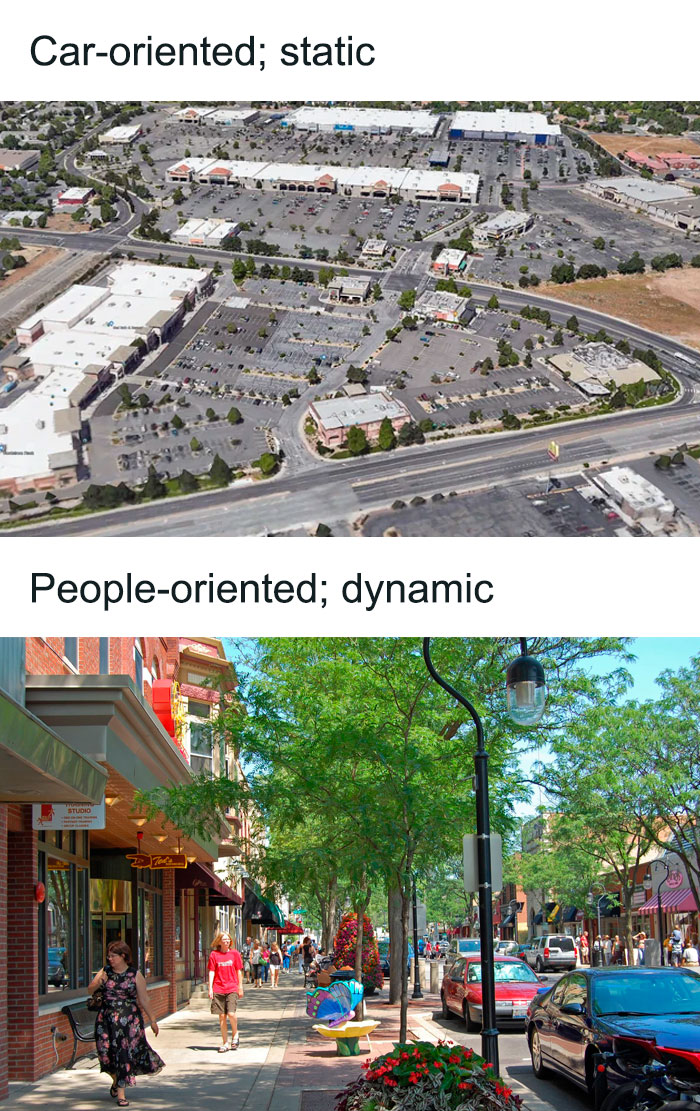 Car-oriented static area vs. people-oriented dynamic street, highlighting absurdity in urban planning.