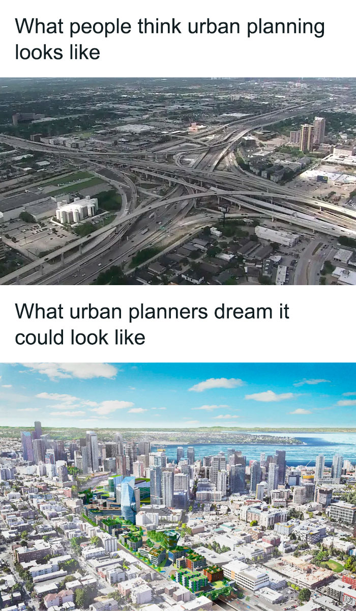 Split image comparing modern city planning: highways versus green urban design dreams.