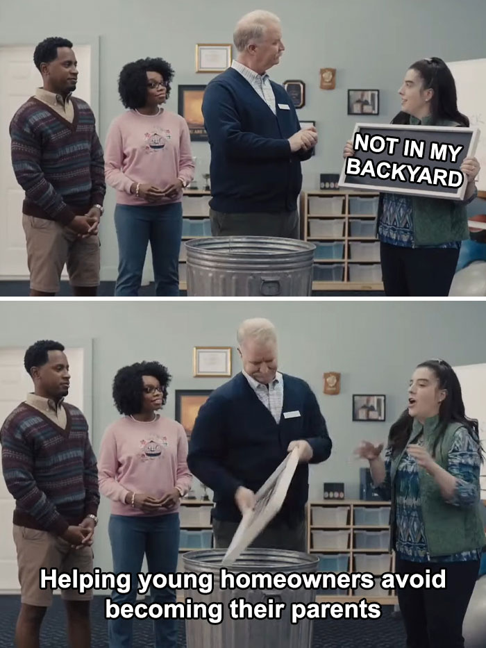 "Group humorously discusses urban planning with a 'Not in My Backyard' sign, highlighting modern city planning issues."