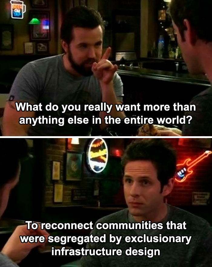 Two men discussing urban planning, highlighting modernization's absurdity and its impact on community connections.