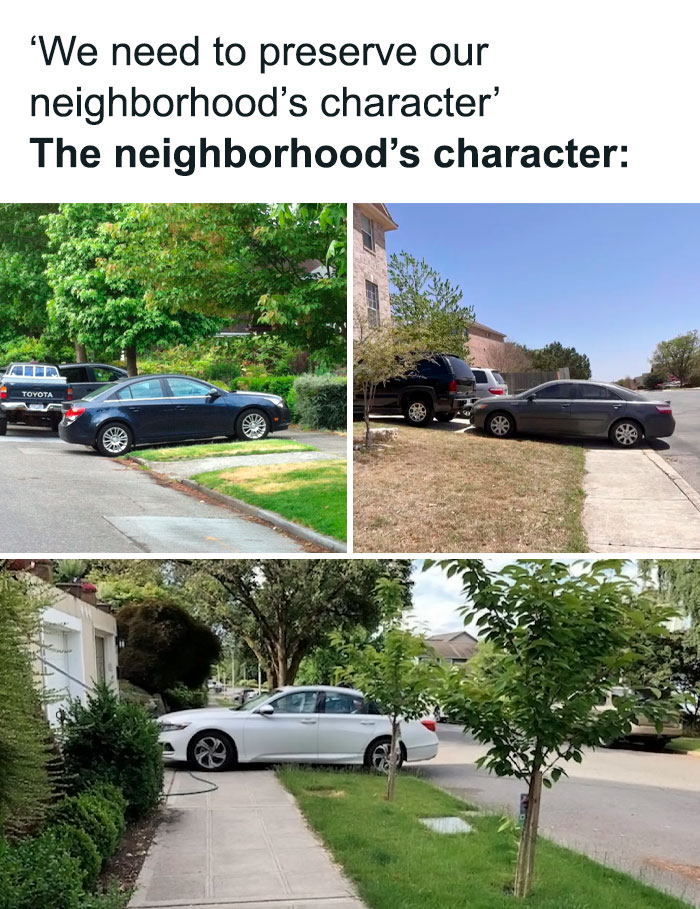 Classic urban planning meme showing cars parked haphazardly in suburban neighborhoods.