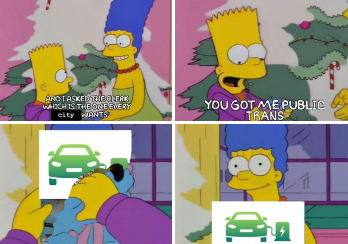 Cartoon characters discussing city planning; expect public transportation but receive car infrastructure.