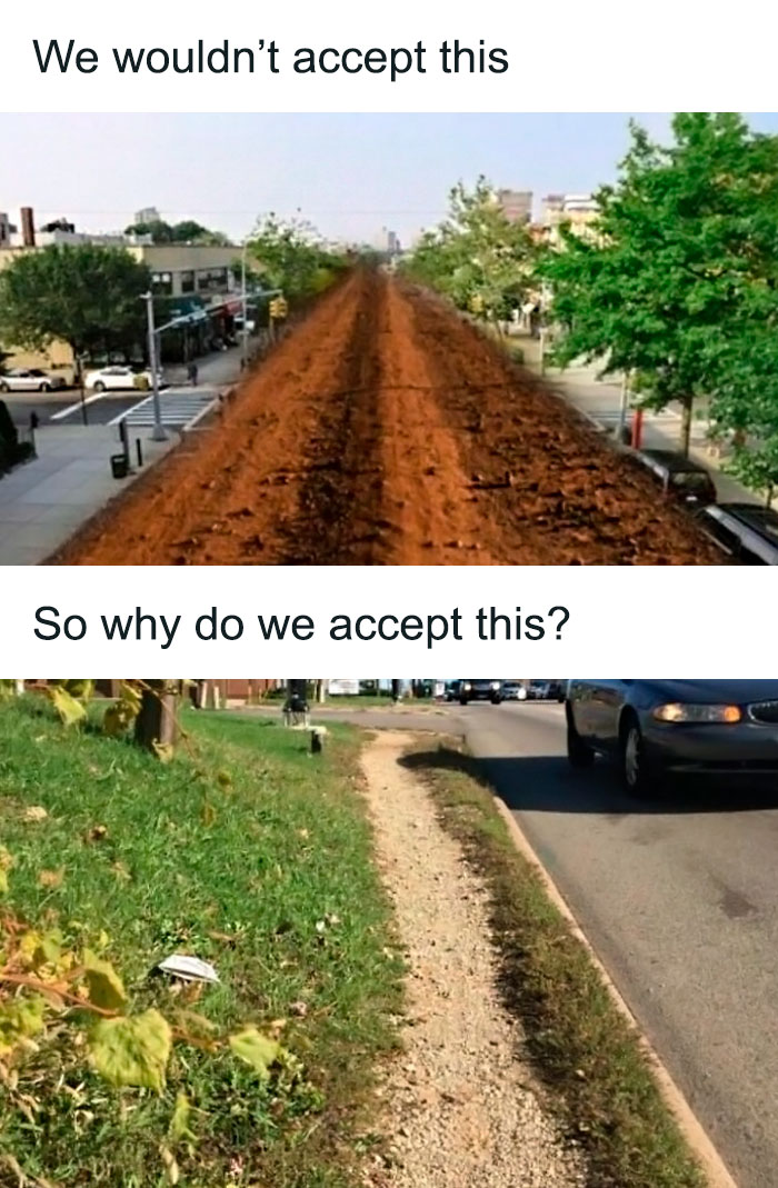 Meme comparing an unfinished dirt road with a narrow dirt path, highlighting absurd urban planning issues.