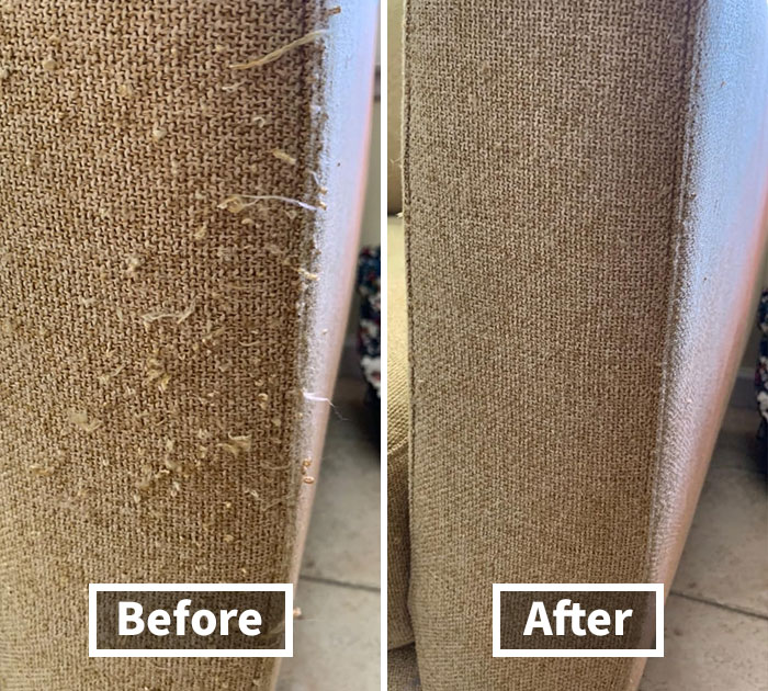 Worn fabric upholstery before and after cleaning, showing impressive restoration among top finds in executive order picks.