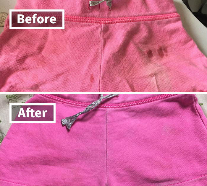 Before and after images showing stain removal on pink fabric, highlighting best finds for effective cleaning results.