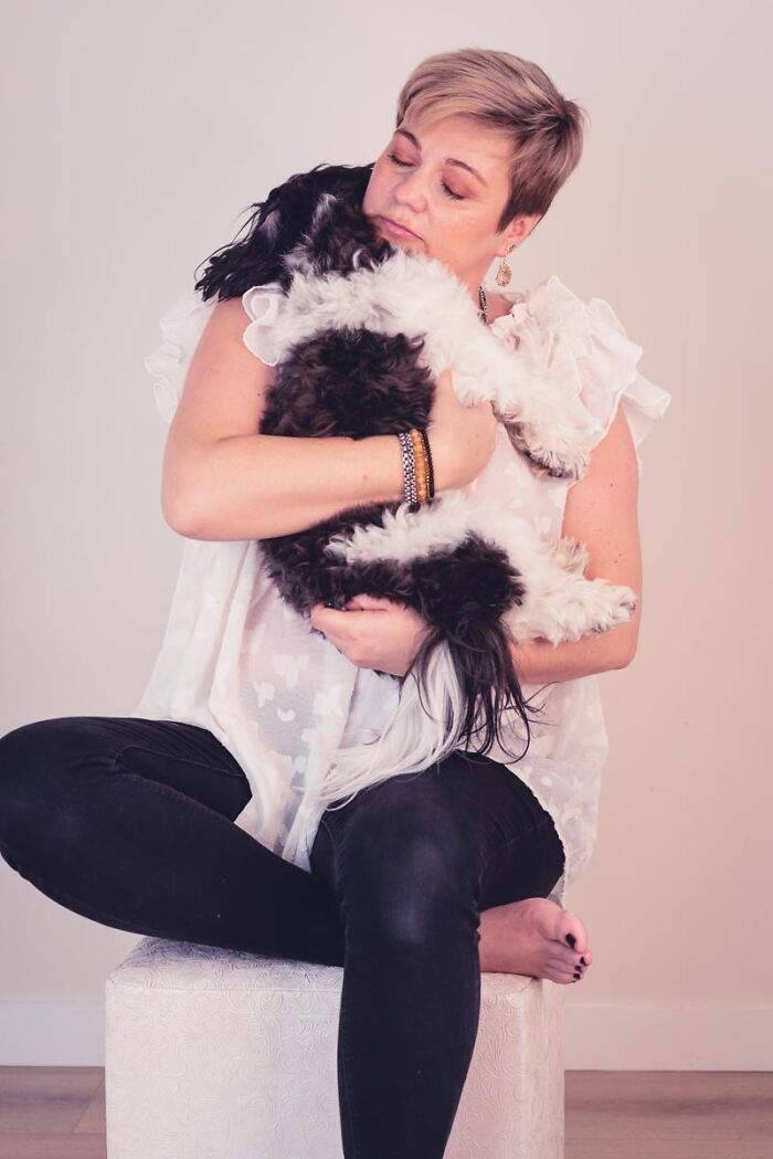 Bichon Cross Tibetan Spaniel Max Cuddles With Me In A Self-Portrait. He Loves To Rest His Head On My Shoulder Like A Baby