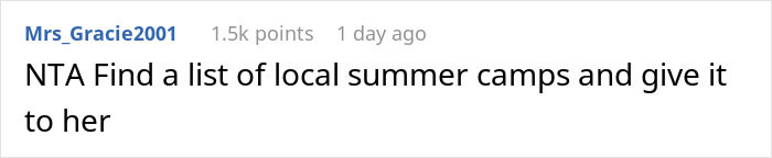 Screenshot of an online comment where a user advises finding local summer camps, related to babysitter and summer keywords.