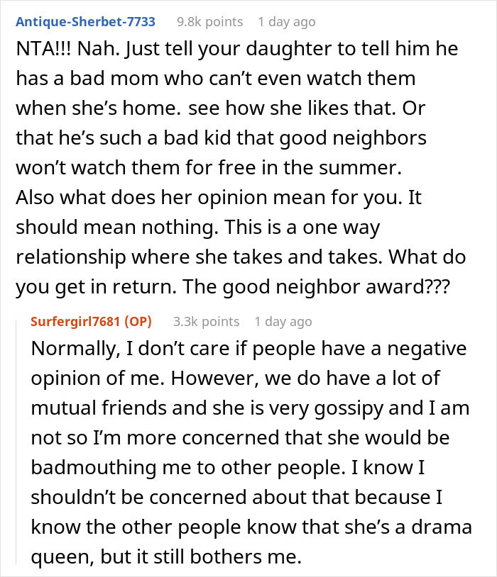 Reddit conversation about woman telling neighbor she will not babysit for free over the summer and being called a jerk.