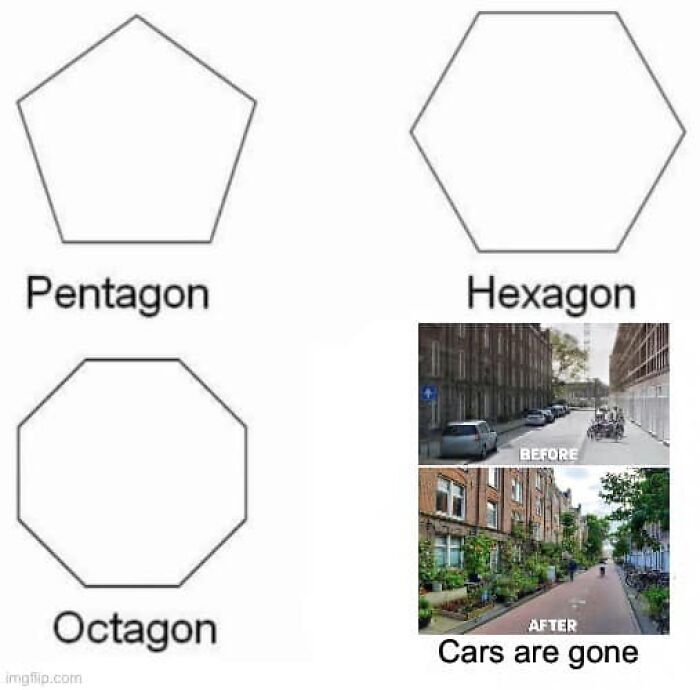 Shapes labeled Pentagon, Hexagon, and Octagon; a meme contrasts city street before and after cars are removed. Classic urban planning.