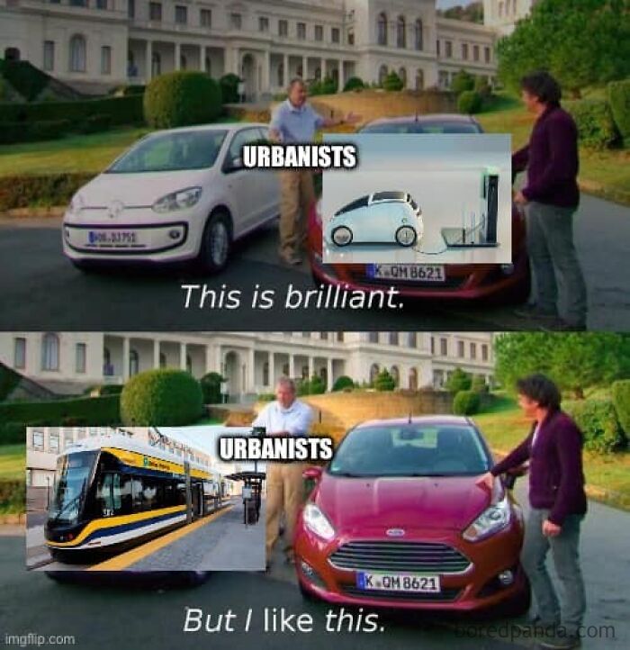 Urbanists meme satirizing modern city planning, comparing electric car and public transit preferences humorously.