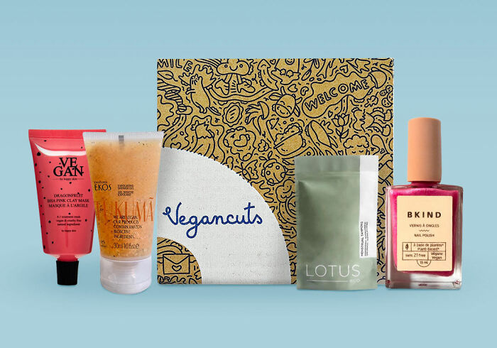 Subscription gifts featuring skincare and beauty products in front of a decorated Vegan Cuts box.