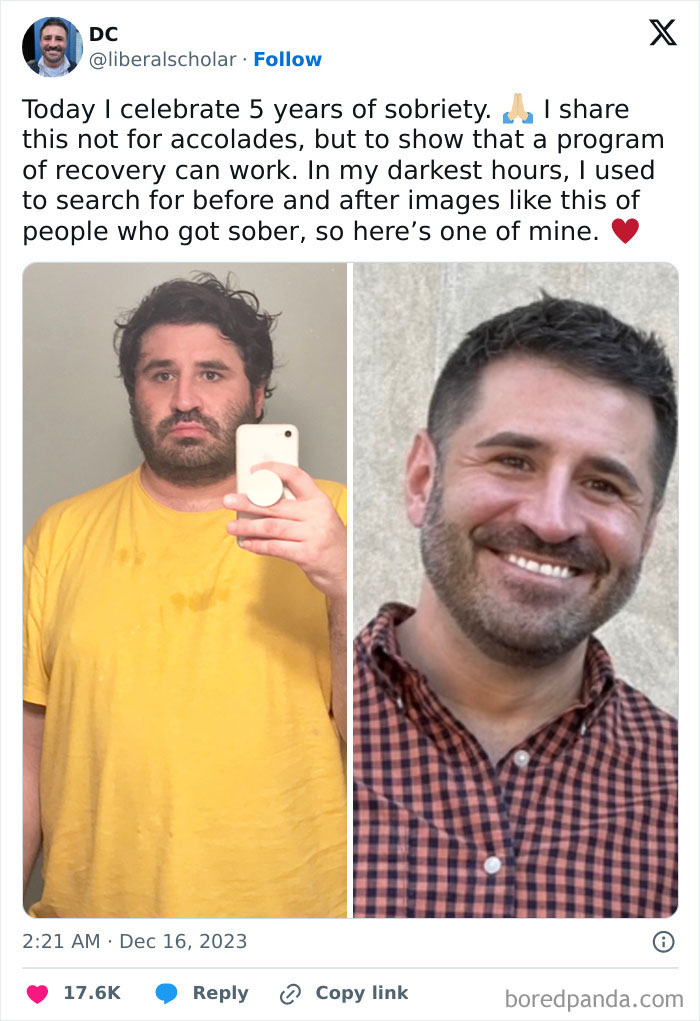 Side-by-side before and after photos showing transformation of a man overcoming a*******n and achieving sobriety.
