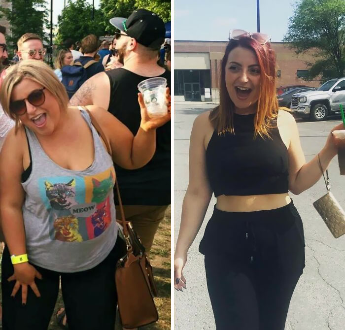 Before and after pictures showing transformation and confidence of a woman overcoming a*******n in casual outdoor settings.