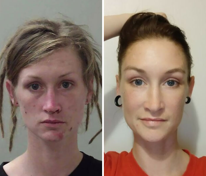 Acabo de celebrar mi quinto año de estar limpia. Mi última foto policial y una foto de hoy, 5 años de diferencia. Espero que esto inspire a alguien