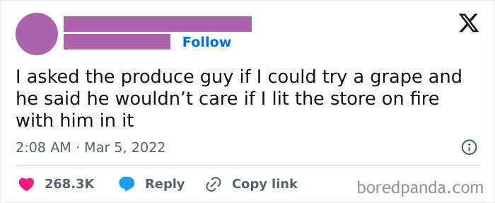 Funny work meme about a produce guy's indifference to tasting a grape, posted on social media.