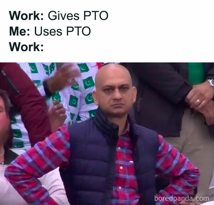 Bald man in plaid shirt reacting to funny work meme about using PTO, surrounded by people in crowd.
