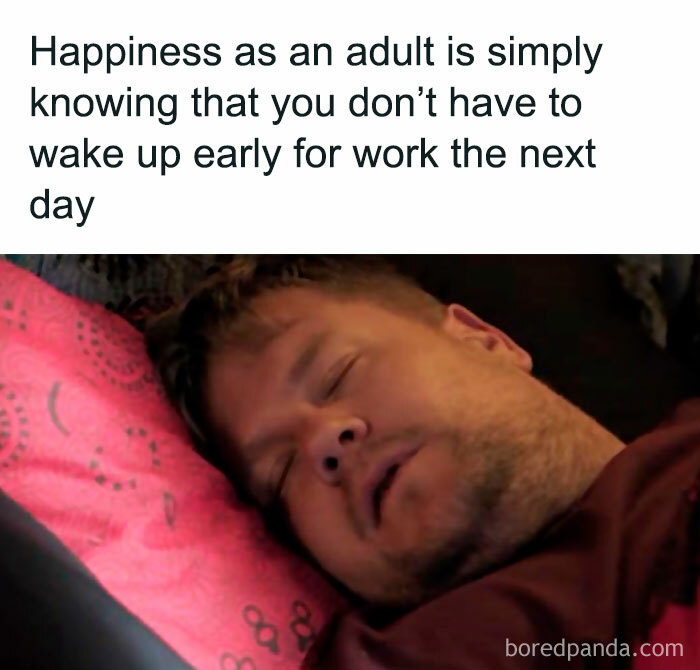 Sleeping man enjoying rest, illustrating one of the funny work memes about not needing to wake up early for work.