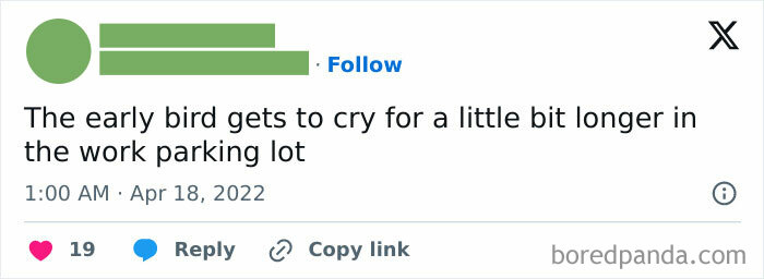 Funny work meme about early mornings and parking lot woes, receiving 19 likes on Bored Panda.