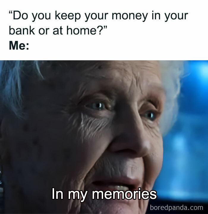 Elderly woman humorously responding, "In my memories," as part of funny work memes.