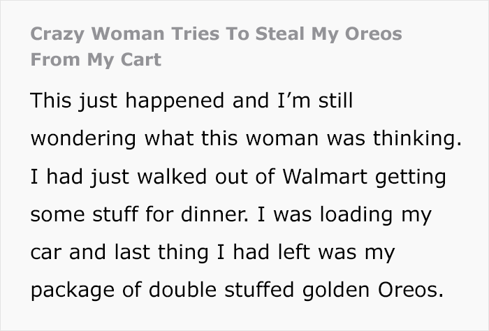 Entitled Mom Steals &lsquo;Golden Double Stuff&rsquo; Oreo Pack From Man&rsquo;s Cart In Parking Lot, Drama Ensues
