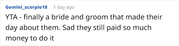 Screenshot of a comment about a woman upset to learn what people really thought of her $20k wedding a year later.