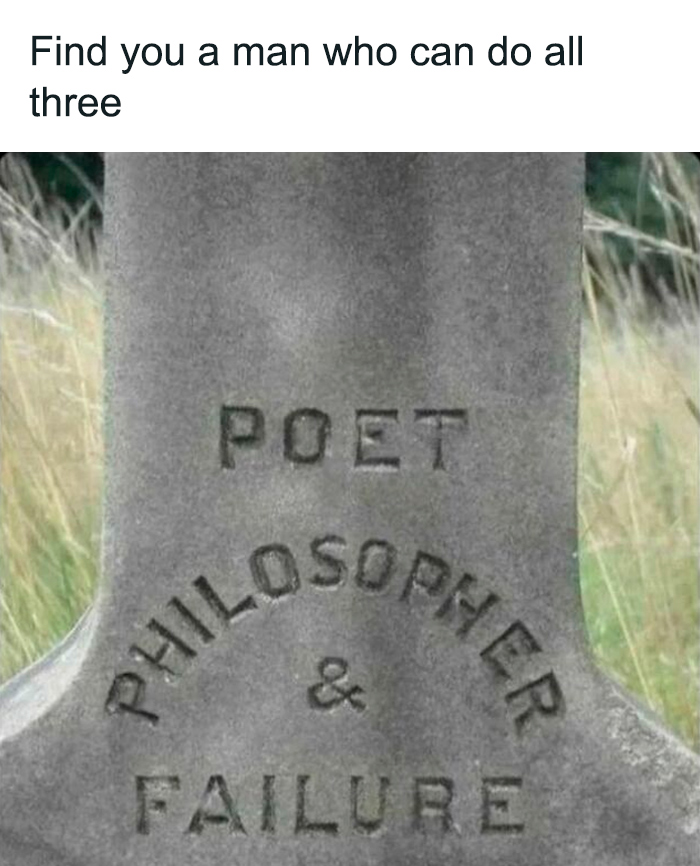 Engraved gravestone reads: "Poet, Philosopher & Failure," humorously highlighting mental health-related themes.