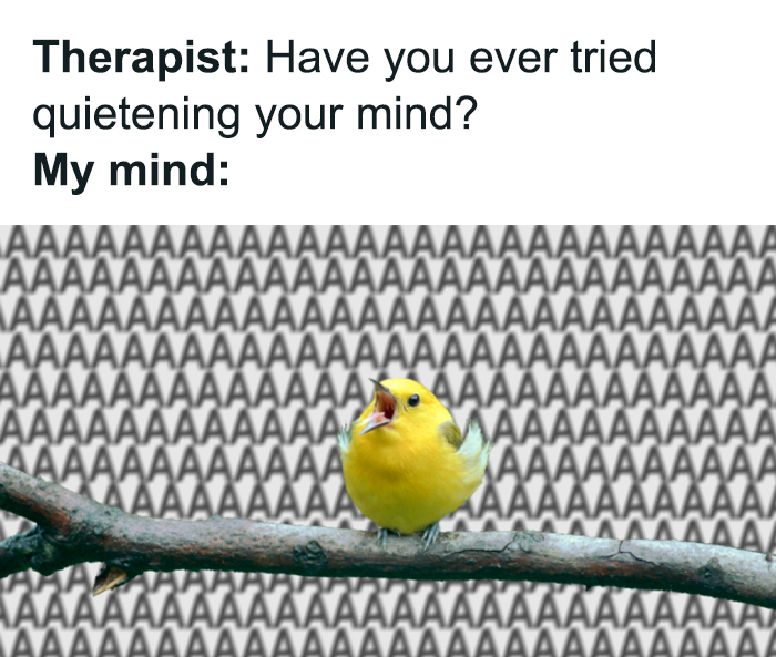 A yellow bird on a branch, symbolizing mental health memes, with repetitive "A" letters in the background.