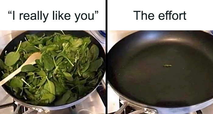 Pan filled with spinach on the left labeled "I really like you," and sparse spinach on the right labeled "The effort," mental health meme.