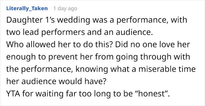 Comment discussing a woman upset about what people really thought of her 20k wedding a year later.