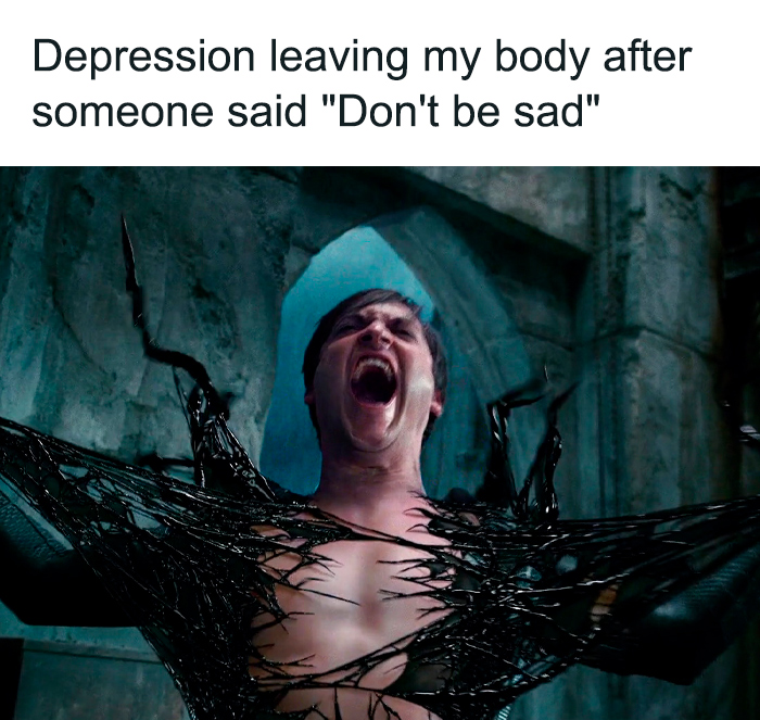 Man dramatically releasing darkness, symbolizing mental health struggles, with text overlay: "Depression leaving my body."