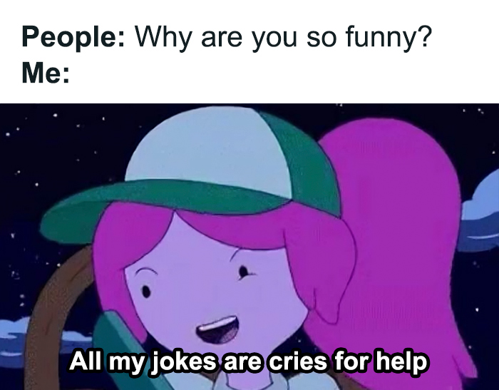 Cartoon character with pink hair humorously addressing mental health, saying "All my jokes are cries for help."