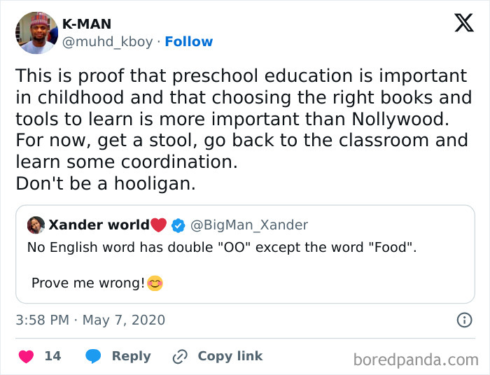 Tweet exchange showcasing clueless people surprising others with their stupidity about English word spellings and early education importance