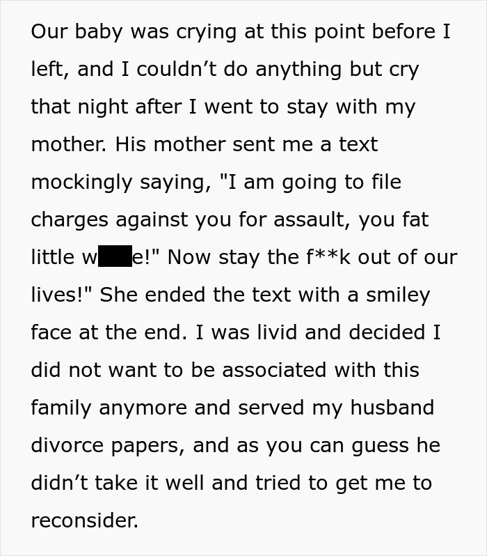 Woman handing husband divorce papers after ignoring insults from his mother for too long.