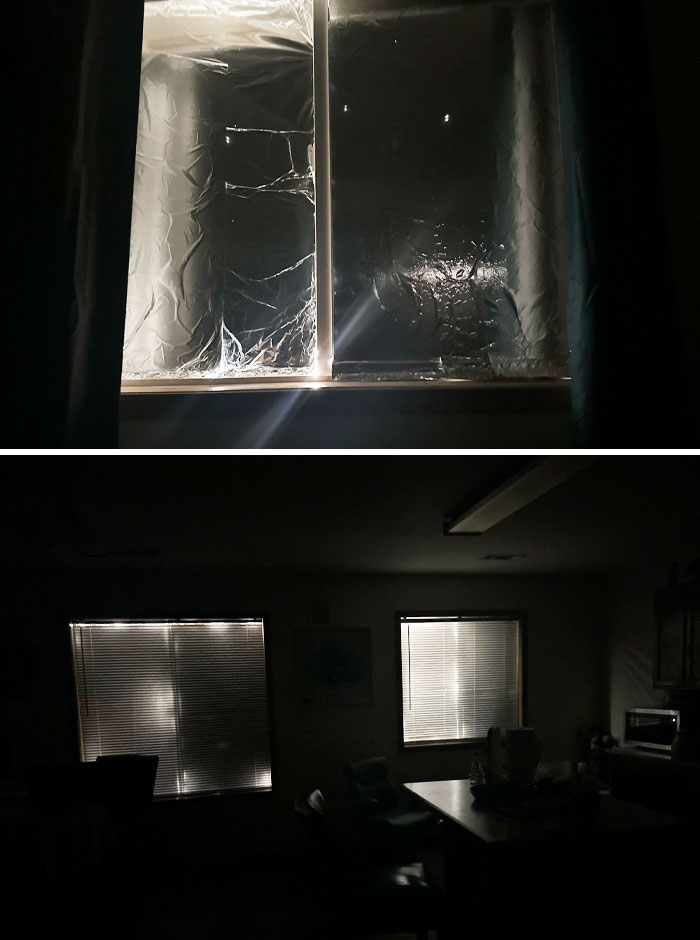 Two photos showing a dark room with windows covered by foil and blinds, illustrating clueless people surprising others with stupidity.