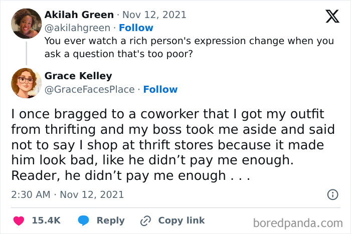 Tweet conversation showing clueless moments when someone’s boss revealed ignorance about employee pay and thrift shopping.