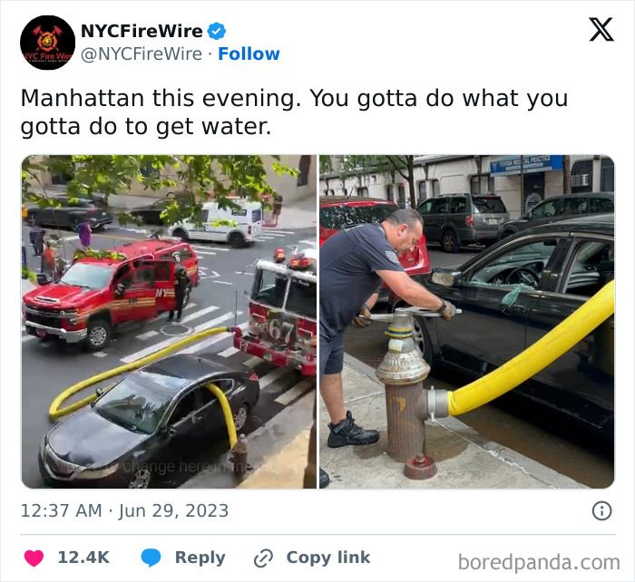 Firetruck hose connected to car through a fire hydrant with man trying to get water, showing clueless people stupidity.