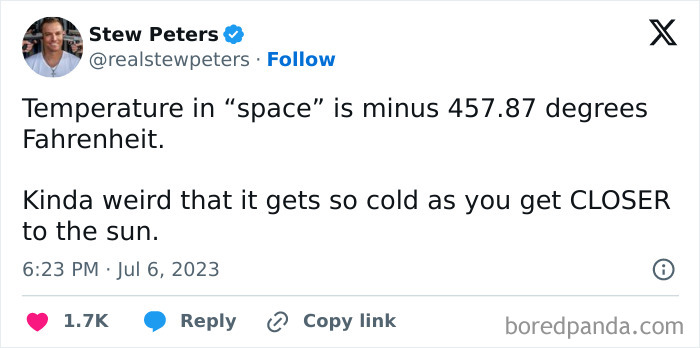 Tweet questioning temperature in space, highlighting clueless people surprising others with their stupidity about science facts.