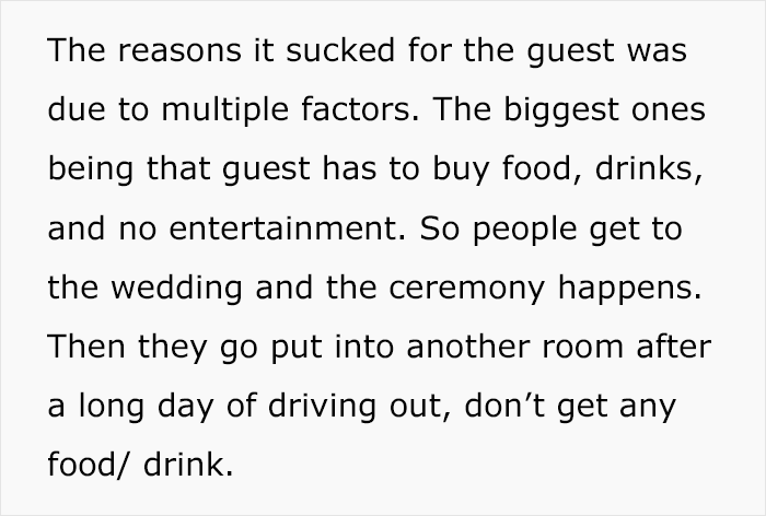 Text about guest dissatisfaction due to lack of food, drinks, and entertainment at a 20k wedding event.