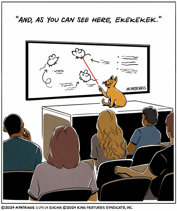 Comic of cat giving presentation, pointing to a board with mouse diagrams. Audience seated, watching attentively.
