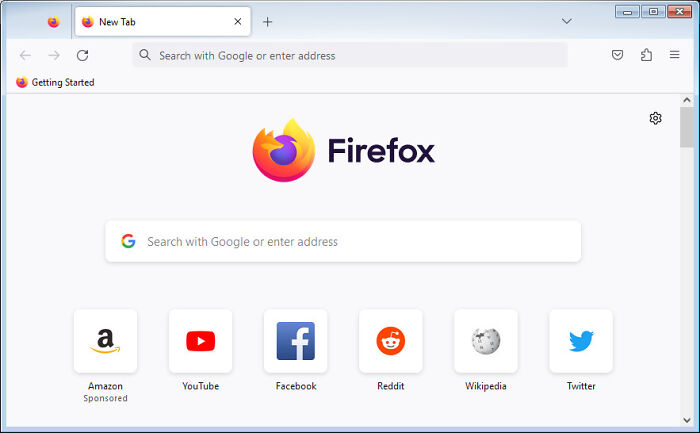 Firefox browser homepage with search bar and popular site icons, representing free software.