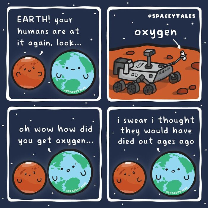 Comic panels featuring Mars and Earth characters discussing oxygen from a Mars rover, illustrating fun-filled cosmos facts.