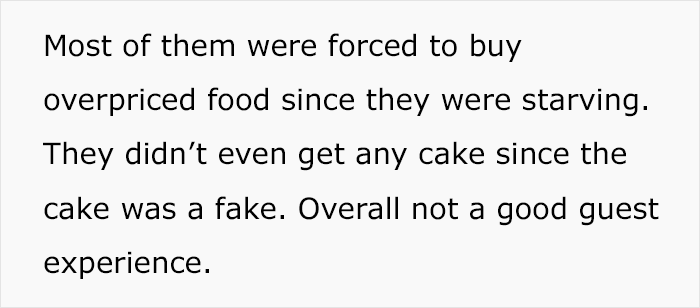Text excerpt describing negative guest experience at a wedding, highlighting overpriced food and fake cake.