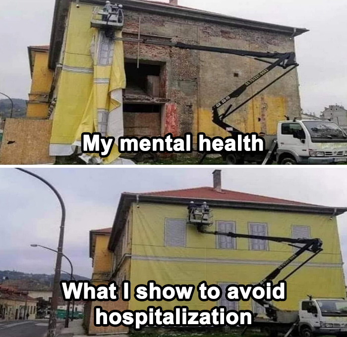 Crane covering damaged house, comparing mental health facade to real state in humorous meme.
