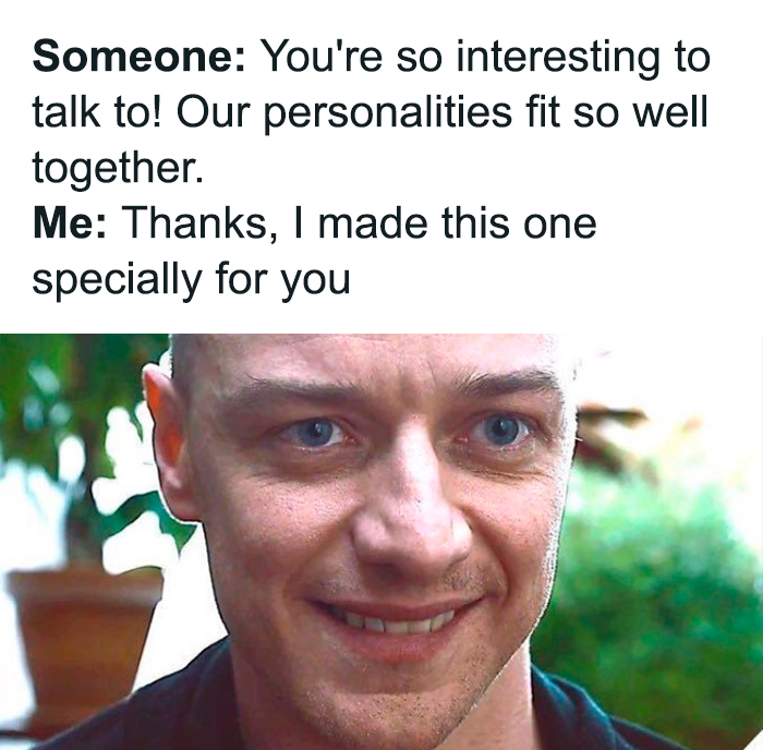 Man smiling with intense expression, humorous text overlay about mental health personalities fitting together.