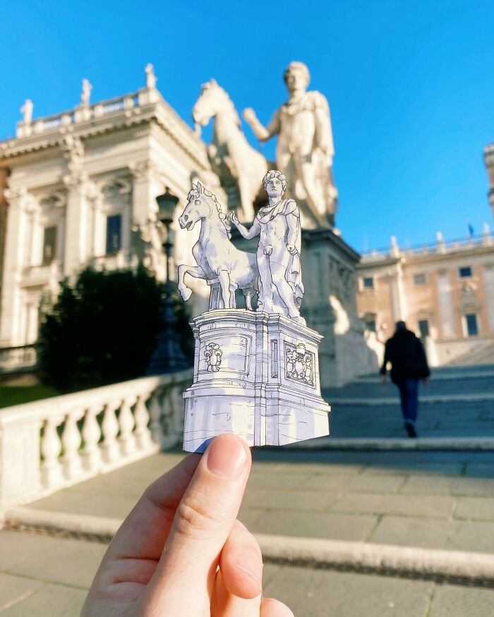Statue Of A Man And Horse In Piazza Del Campidoglio Rome, Italy