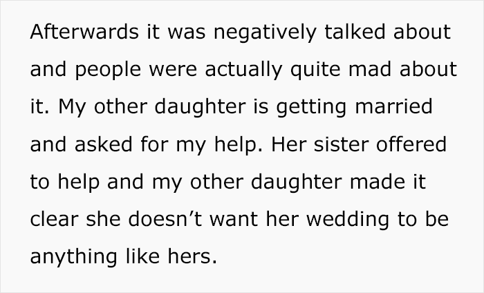 Text excerpt about a woman upset discovering what people really thought of her 20k wedding a year later.
