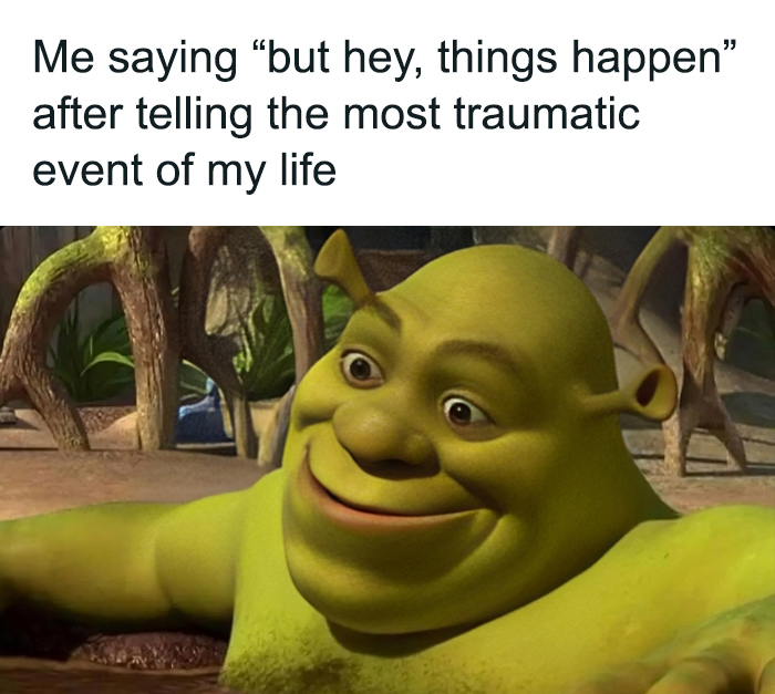 Shrek smiling with caption about mental health, highlighting humor in coping with trauma.